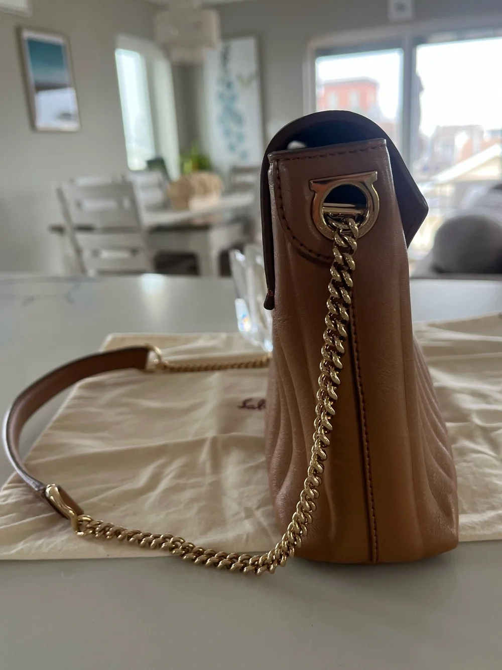 Salvatore Ferragamo Quilted Calfskin Flap Chain Shoulder Bag in Sienne Tan Camel